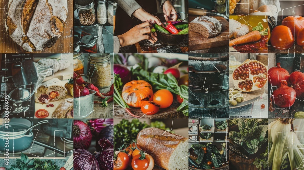 Collage with Fresh vegetables and breads are beautifully arranged on a rustic table, showcasing vibrant colors and inviting textures in a warm kitchen atmosphere Collage with Fresh vegetables and breads are beautifully arranged on a rustic table, showcasing vibrant colors and inviting textures in a warm kitchen atmosphere