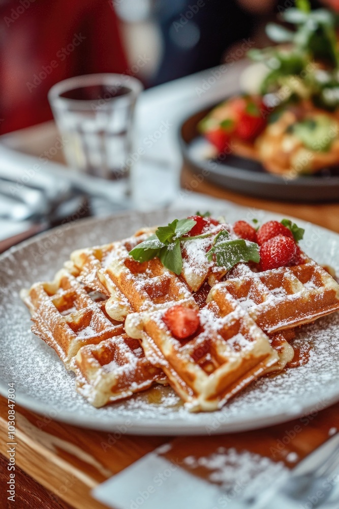 Waffle with Strawberries and Powdered Sugar