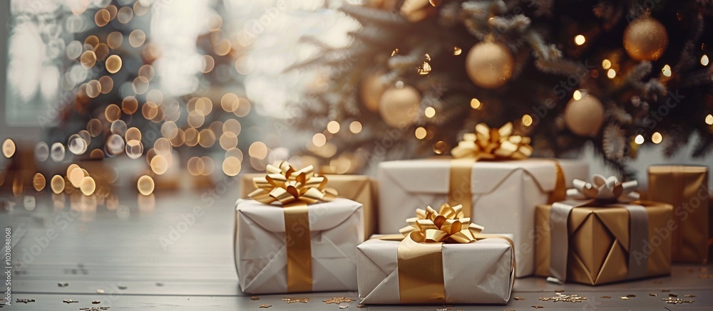 Copy space for your product display on empty snowy Christmas background with gift boxes decorated with golden ribbon on floor under Christmas tree. Winter holidays Copy space for your product display on empty snowy Christmas background with gift boxes decorated with golden ribbon on floor under Christmas tree. Winter holidays