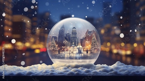 Close up of a snow globe with a cityscape of city New York. City at night with snow on the ground and background with bokeh effect. Concept of winter, holiday season and Christmas.