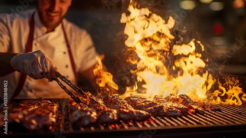 Master griller at work, flames leaping high as meat sizzles on the barbecue, capturing the art grilling photo