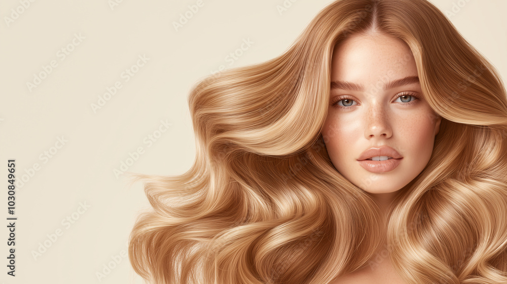 Naklejka premium Portrait of young dark blonde woman with smooth silky hair highlighting hair care concept, including shampoo, conditioner, and styling products for beautiful, healthy hair, copy space for text