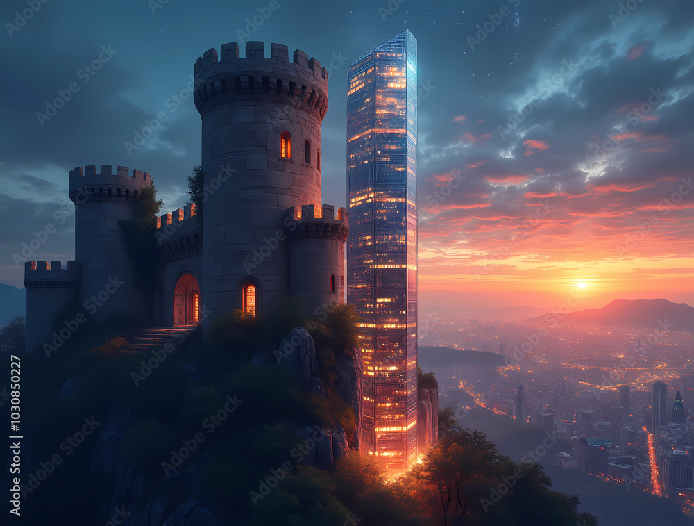 Fototapeta premium Futuristische Skyline: Alt trifft Neu im Abendrot