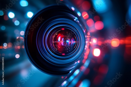 Closeup of Red and Blue Lens with Circular Bokeh Lights