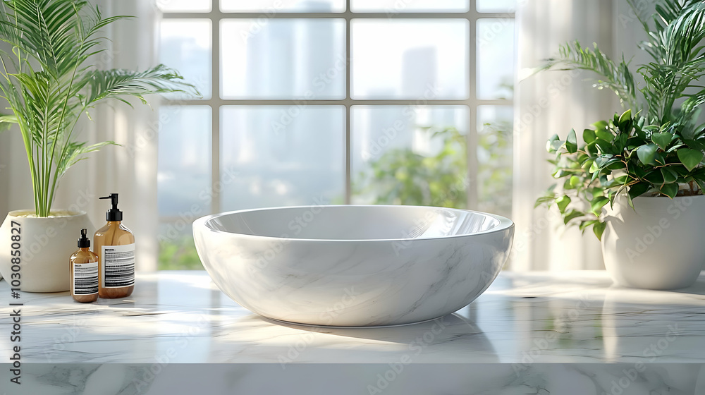 Elegant marble sink with plants in a bright, modern space. Elegant marble sink with plants in a bright, modern space.