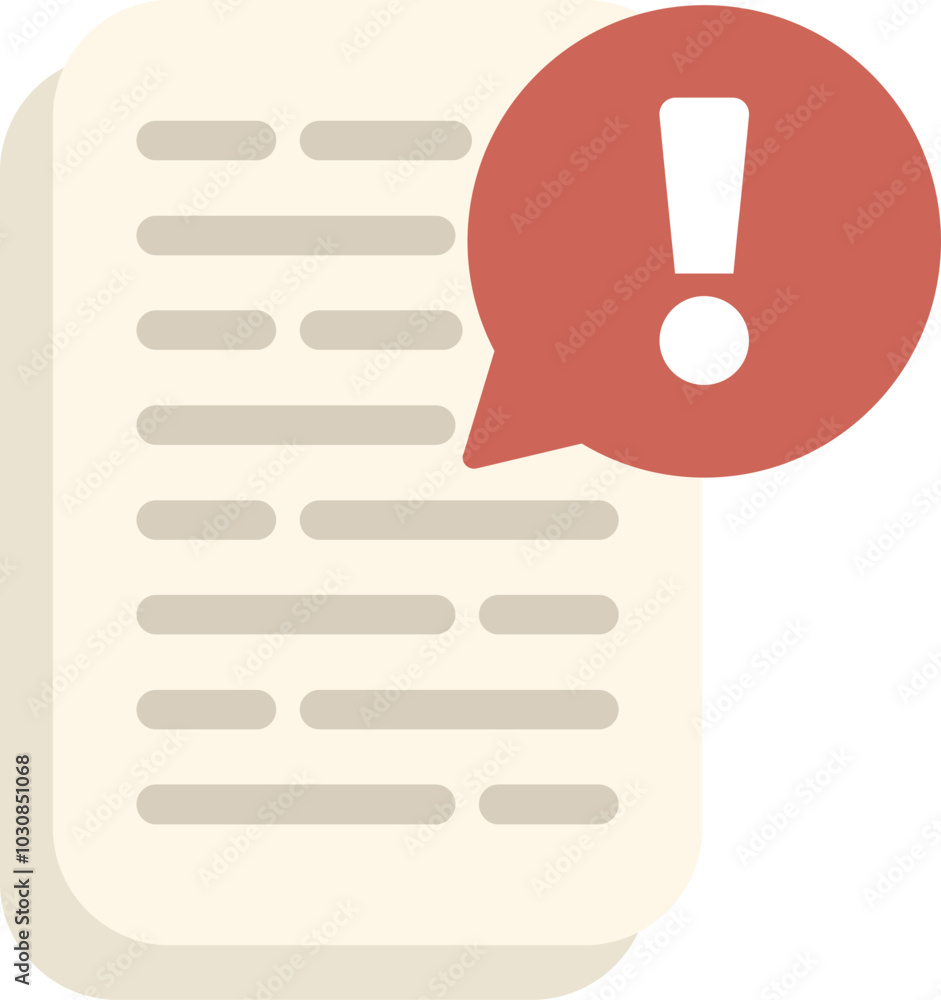Red speech bubble with an exclamation point is appearing from a document icon Red speech bubble with an exclamation point is appearing from a document icon