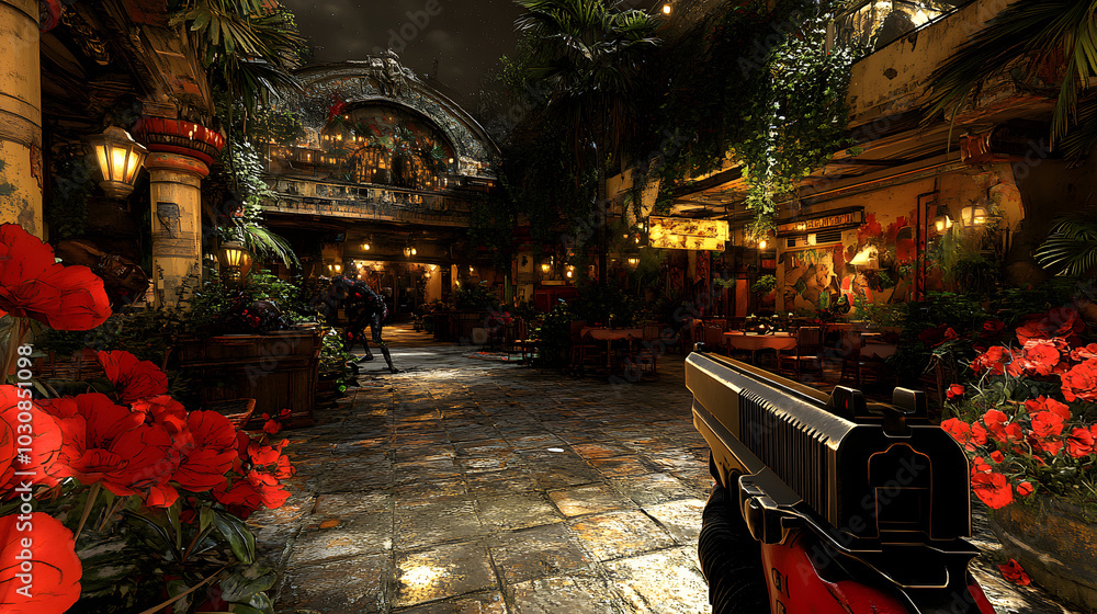 Naklejka premium Vivid First Person Shooter Perspective with a Humorous Cartoon Showdown Against a Zombie in Animation