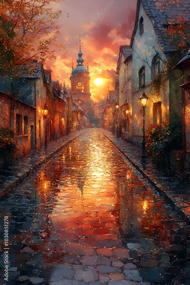 A serene street at sunset, illuminated by lamps, with reflections on wet cobblestones, showcasing a warm, artistic atmosphere. A serene street at sunset, illuminated by lamps, with reflections on wet cobblestones, showcasing a warm, artistic atmosphere.