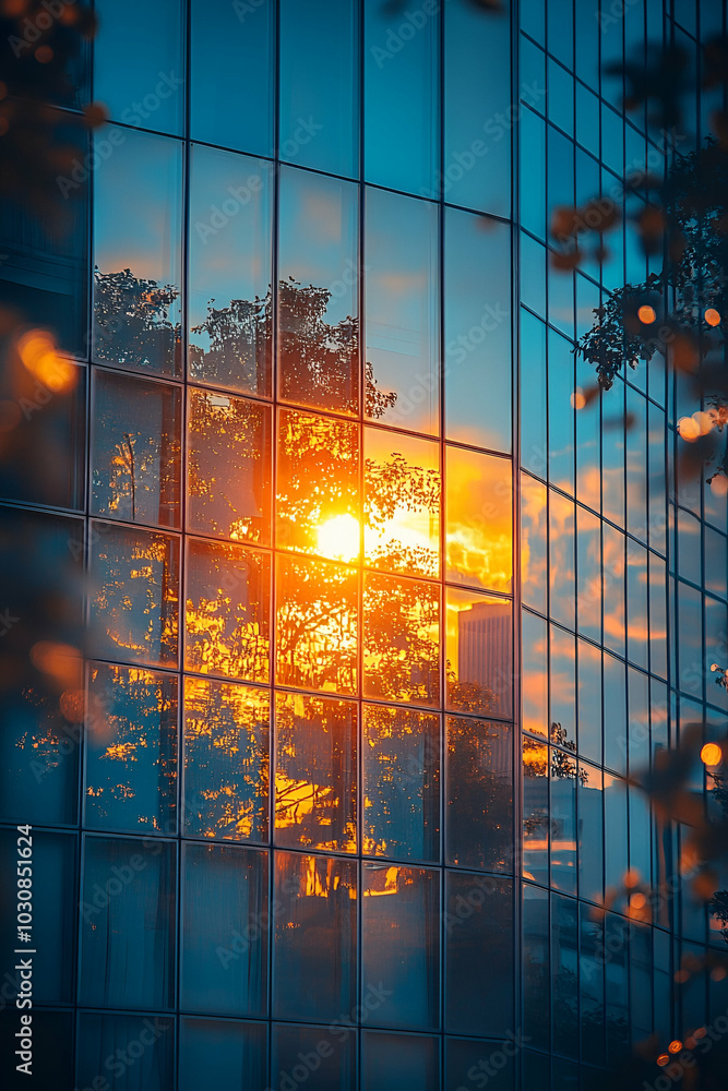 Naklejka premium A stunning reflection of a sunset in a glass building, surrounded by trees, showcasing vibrant colors and urban beauty.