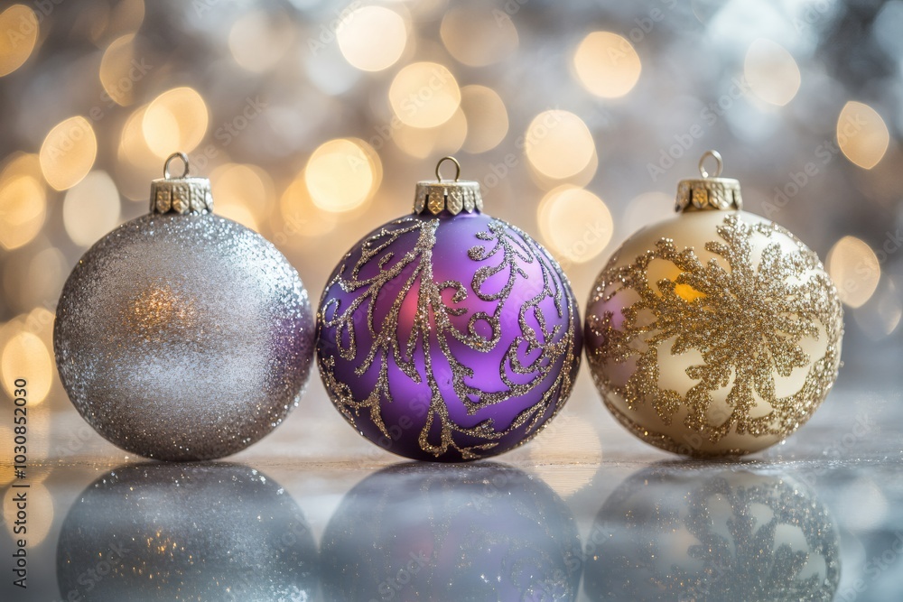 luxury christmas bauble photography, highly detailed product photography featuring gold, silver, and purple christmas baubles on a reflective surface, with soft bokeh lighting and -point lighting for luxury christmas bauble photography, highly detailed product photography featuring gold, silver, and purple christmas baubles on a reflective surface, with soft bokeh lighting and -point lighting for