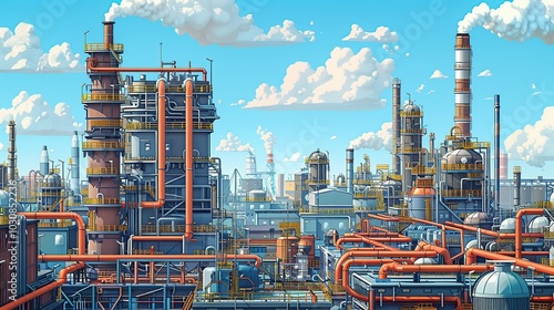 Industrial background featuring an exterior view of a factory, with intricate pipes and ducts, set against buildings and smokestacks. Oil refinery, chemical industry, detailed illustration. High