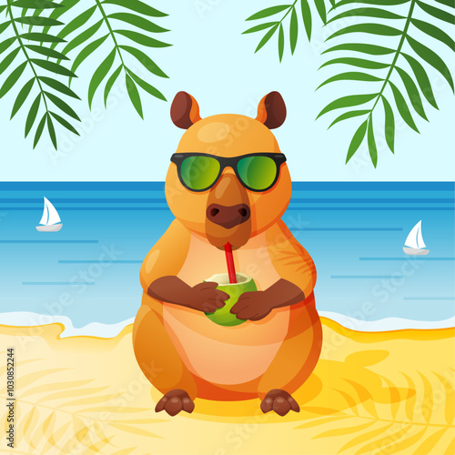 Vector portrait of capybara in sunglasses drinking coconut cocktail sitting on the ocean beach