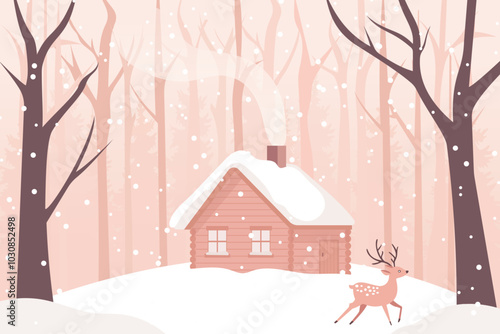 Santa Claus house in winter forest with cute reindeer surrounded by forest and snowdrifts. Christmas landscape of winter fairy-tale forest. Vector illustration for holiday design.
