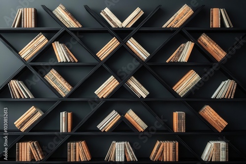 A modern bookshelf design displaying an artistic arrangement of books on a dark wall, showcasing unique storage and aesthetic appeal.