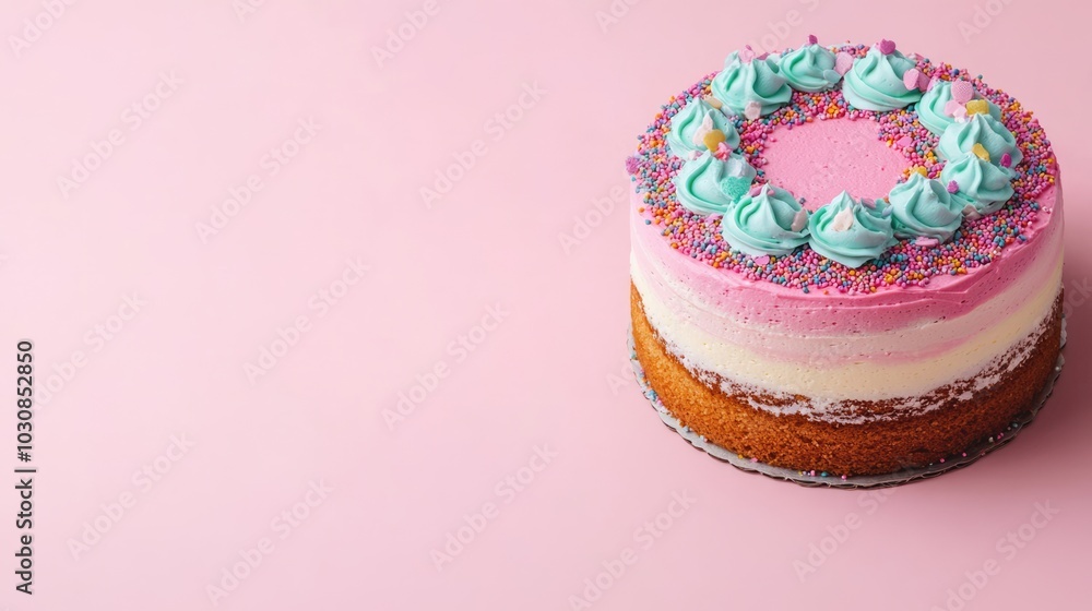 Colourful creamy layered birthday cake isolated on pink background with copy space. Sweet dessert for dinner party Colourful creamy layered birthday cake isolated on pink background with copy space. Sweet dessert for dinner party