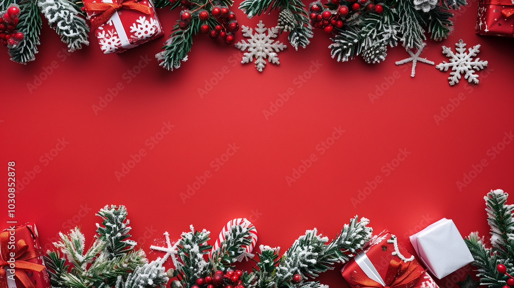 Red and snowy Christmas border with festive decorative ornaments. Copy space for text. Red and snowy Christmas border with festive decorative ornaments. Copy space for text.