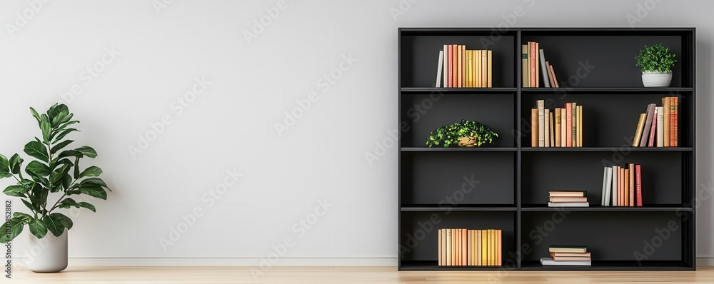 A modern room featuring a black bookshelf filled with books and decorative plants against a light wall, creating a minimalist ambiance. A modern room featuring a black bookshelf filled with books and decorative plants against a light wall, creating a minimalist ambiance.