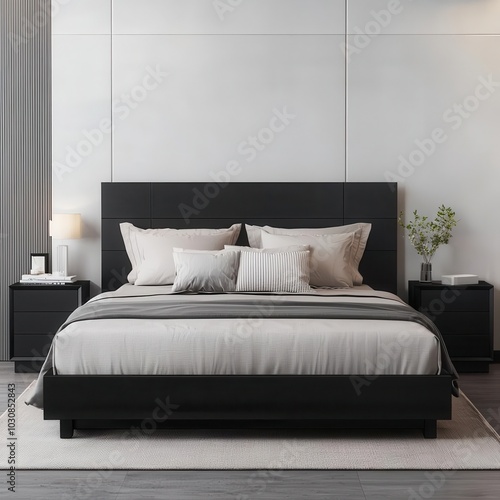 A modern bedroom featuring a stylish black bed frame, soft bedding, and sleek nightstands, creating a calming and sophisticated atmosphere.