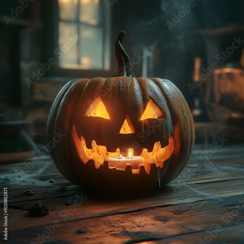 halloween product photography, highly detailed, realistic product photo of a spooky carved pumpkin candle flickering inside casts eerie shadows background cobwebs, eerie shadows -point lighting photo