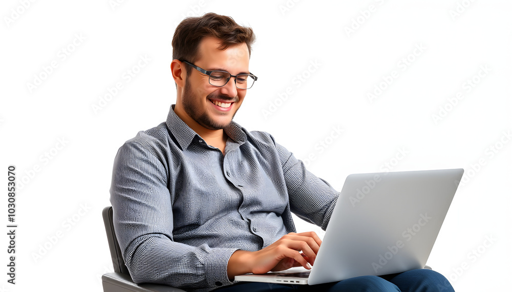 Relaxed smiling businessman holding and watching at laptop computer. Full body length portrait isolated on white studio background isolated with white highlights, png Relaxed smiling businessman holding and watching at laptop computer. Full body length portrait isolated on white studio background isolated with white highlights, png