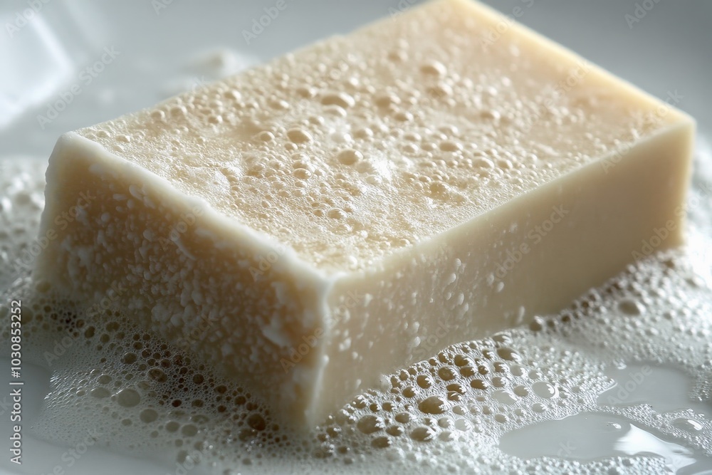 Naklejka premium Bar of soap on a soap dish with suds forming around it after use.