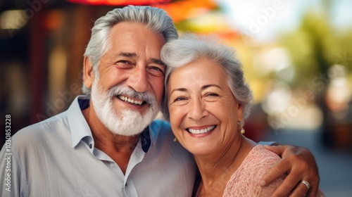 An older, middle-aged couple is happy, having fun and laughing outdoor