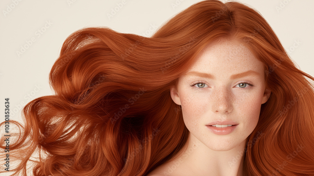 Portrait of young red-haired woman with smooth silky straightened hair emphasizing hair care concept, including shampoo, conditioner, and styling products for vibrant, healthy hair Portrait of young red-haired woman with smooth silky straightened hair emphasizing hair care concept, including shampoo, conditioner, and styling products for vibrant, healthy hair