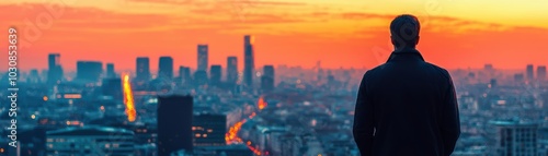 Entrepreneur with wide-angle view of cityscape, paths of light representing opportunities and urban growth