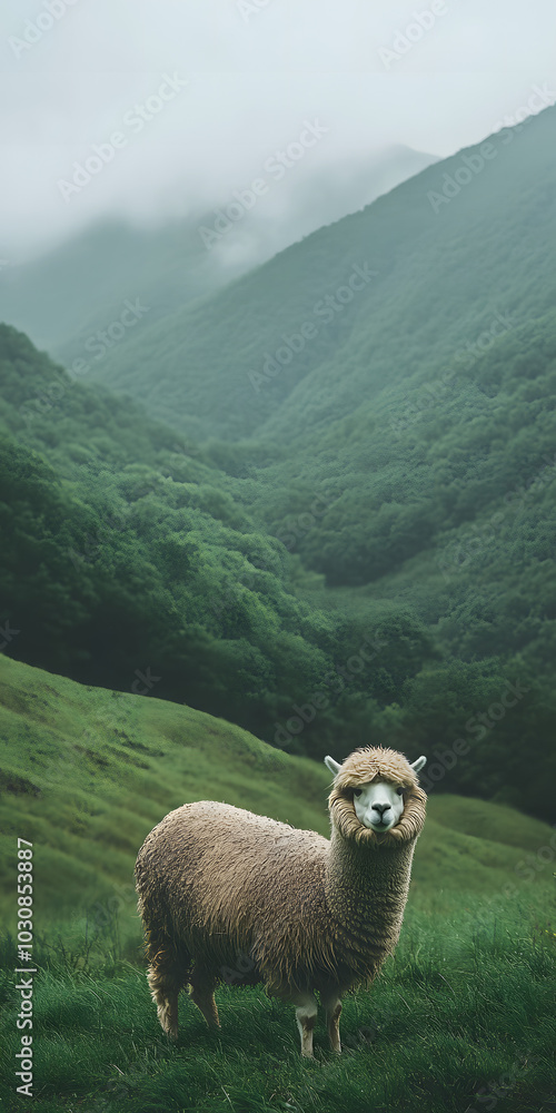 Fototapeta premium Alpaca fofinha em um prado verde