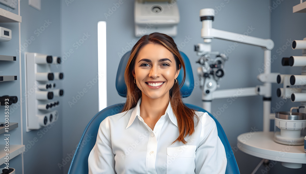 Happy smiling cute lady in white shirt sitting in blue medicine chair in doctor optometrist cabinet isolated with white highlights, png Happy smiling cute lady in white shirt sitting in blue medicine chair in doctor optometrist cabinet isolated with white highlights, png