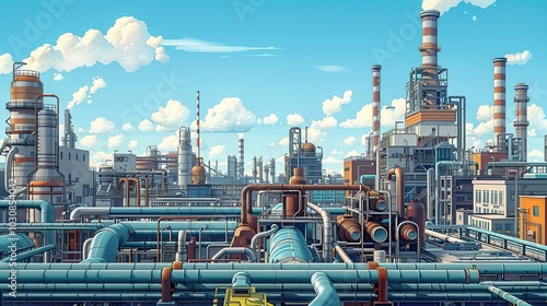 Wallpaper Mural Illustration of an industrial factory's exterior, showcasing a maze of pipes and ducts against a backdrop of buildings and smokestacks. Chemical industry, oil refinery, detailed image. High Torontodigital.ca