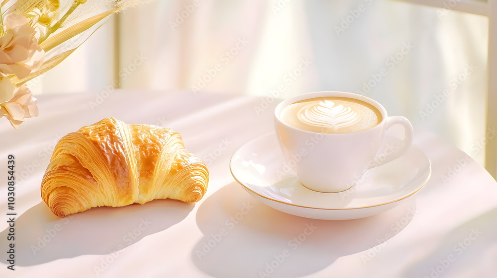 Golden Hour Croissant and Latte: A picture-perfect pairing of a buttery croissant and a creamy latte, bathed in the warm glow of morning sunlight. The perfect image for cafes, bakeries. Golden Hour Croissant and Latte: A picture-perfect pairing of a buttery croissant and a creamy latte, bathed in the warm glow of morning sunlight. The perfect image for cafes, bakeries.