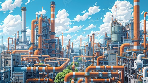 Illustration of an industrial factory's exterior, showcasing a maze of pipes and ducts against a backdrop of buildings and smokestacks. Chemical industry, oil refinery, detailed image. High