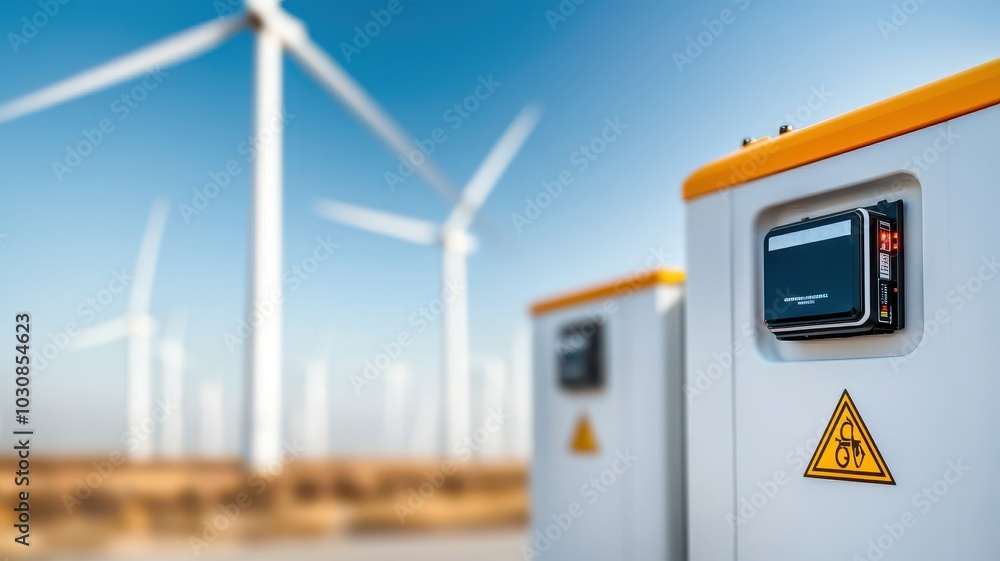 The image features electrical cabinets with warning signs in the foreground and wind turbines generating renewable energy in the background. The image features electrical cabinets with warning signs in the foreground and wind turbines generating renewable energy in the background.