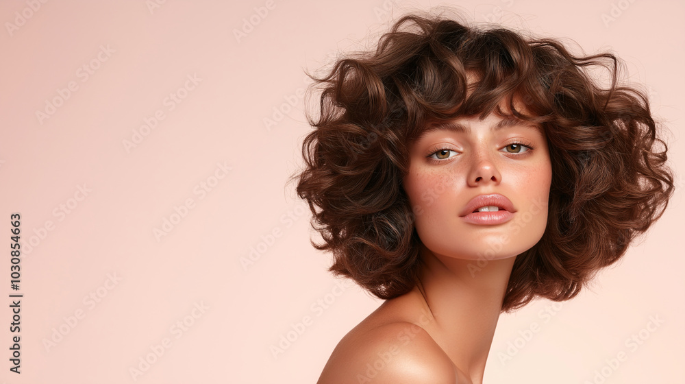 Portrait of young brunette woman with curly bob featuring defined curls using the curly method showcasing hair care concept, including shampoo, conditioner, and styling products for healthy hair Portrait of young brunette woman with curly bob featuring defined curls using the curly method showcasing hair care concept, including shampoo, conditioner, and styling products for healthy hair