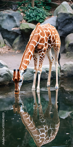 Girafa se inclinando para beber água photo