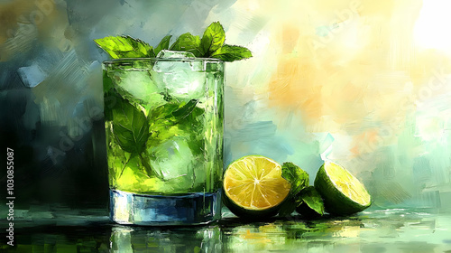A refreshing mint cocktail with lime, ice, and vibrant colors.