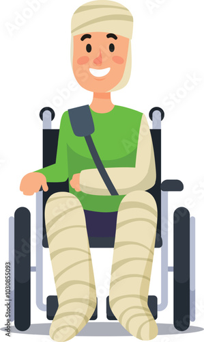 Heartwarming cartoon shows a patient healing in a wheelchair, radiating hope and positivity despite injuries.