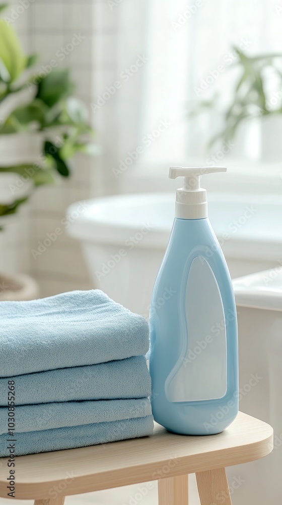 Detergent powder is placed on a wooden table next to clean folded clothes. The background is a clean and bright bathroom. Detergent powder is placed on a wooden table next to clean folded clothes. The background is a clean and bright bathroom.