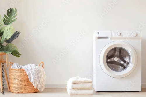 Modern washing machine and laundry basket near white wall 
