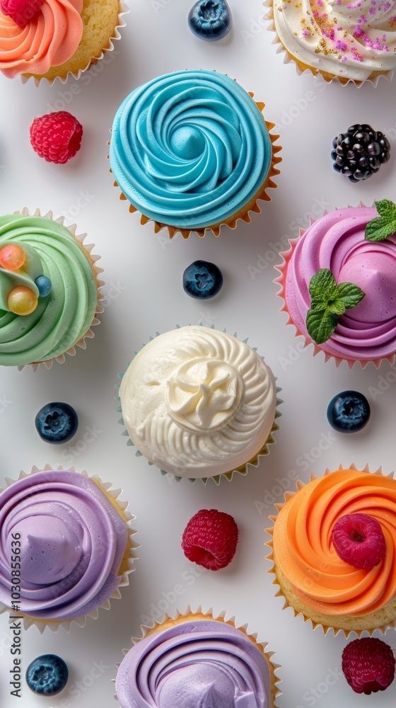 variety of colorful cupcakes with piped frosting and decorative toppings, arranged in a visually appealing pattern on a white background to showcase their whimsical designs. variety of colorful cupcakes with piped frosting and decorative toppings, arranged in a visually appealing pattern on a white background to showcase their whimsical designs.