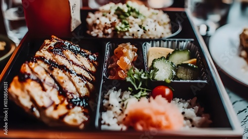 Traditional Bento Box: A wooden or lacquered bento box, neatly compartmentalized, showcasing an assortment of colorful dishes—rice, pickles, grilled fish, and tamagoyaki (sweet omelet). The  photo