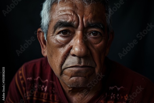 Sulking senior Latin American man, head and shoulders portrait on black background. Elder Cuban people and emotions, close up of sad old latino looking at camera. Depressed hispanic elderly man