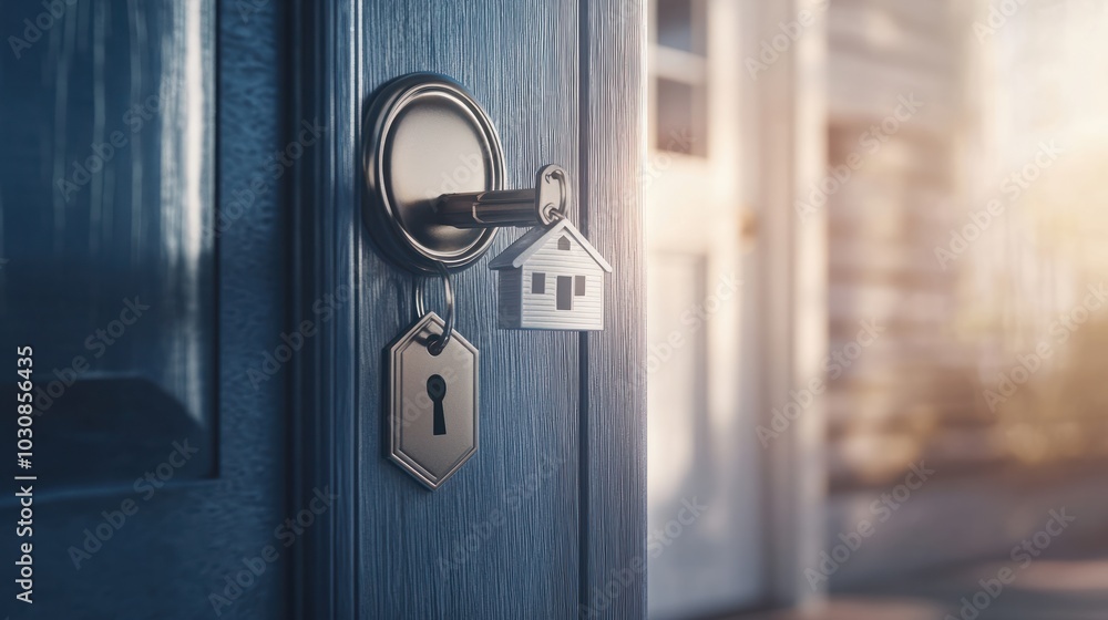 Open door to a new home with key and home shaped keychain. Mortgage, investment, real estate, property and new home concept Open door to a new home with key and home shaped keychain. Mortgage, investment, real estate, property and new home concept