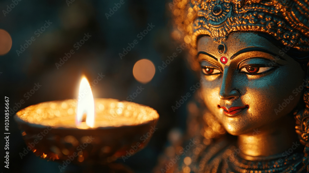 close up of lit diya in front of beautifully crafted idol, creating serene and spiritual atmosphere. warm glow of flame enhances intricate details of idol, evoking sense of devotion and peace close up of lit diya in front of beautifully crafted idol, creating serene and spiritual atmosphere. warm glow of flame enhances intricate details of idol, evoking sense of devotion and peace