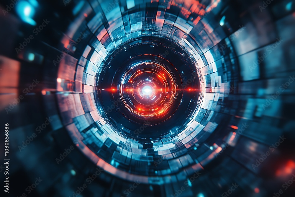 Fototapeta premium Futuristic Glowing Orange and Blue Rings in Grid Pattern