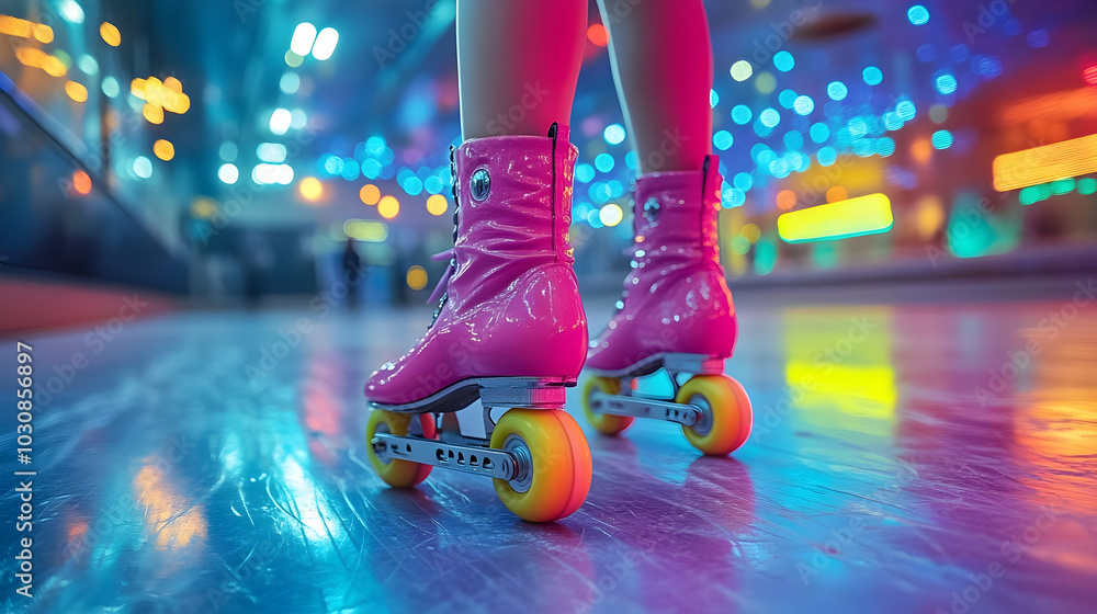 Fototapeta premium Roller skates on a vibrant rink with colorful lights.