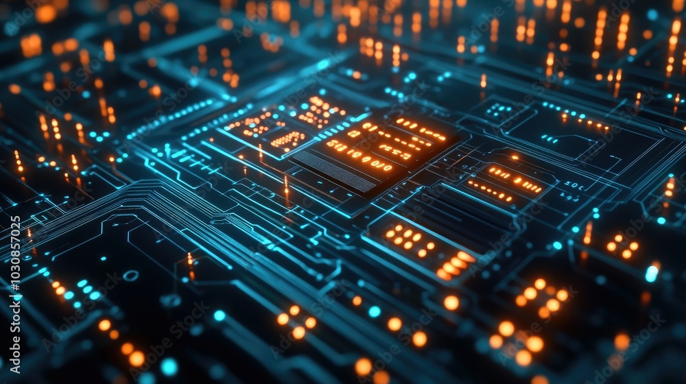 Fototapeta premium Digital binary data on microchip with glow circuit board background 