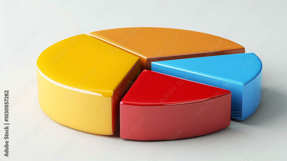 A 3D pie chart with four colored segments in yellow, orange, red, and blue on a light background A 3D pie chart with four colored segments in yellow, orange, red, and blue on a light background