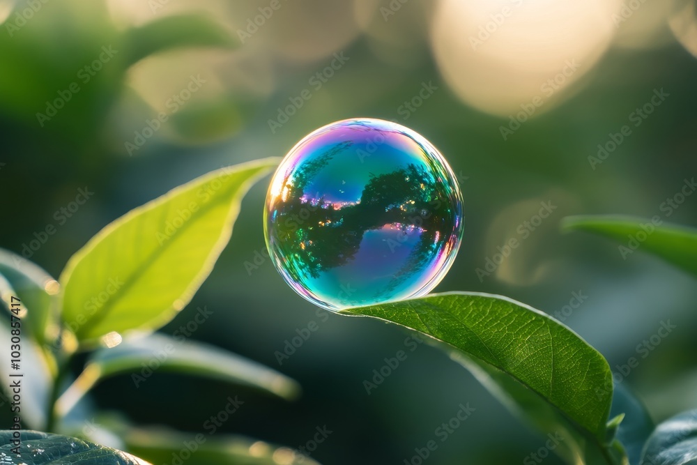 A colorful soap bubble resting on a green leaf during a sunny day in a lush garden